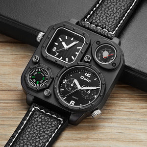 Oulm Men's Quartz Watch Fashion Watch Compass Large Dial Dual Time Zone Belt Square Watch HP1169