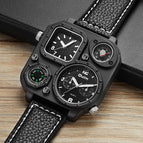 Oulm Men's quartz watch fashion watch compass large dial double time zone belt square watches for men