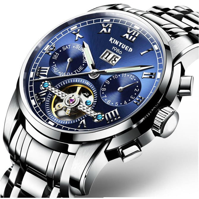 KINYUED Stainless Steel Men's Tourbillon Multi-function Calendar Automatic Mechanical Watch JYD-J014