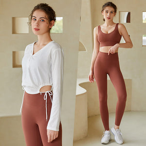 Spring and summer long-sleeved yoga clothes fitness suit women's quick-drying slimming professional high-end fashion running 3 pieces clothes 223+710+807