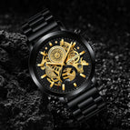 Men's Multi-Function Calendar Watch Hollow out Student Black Gold Business Waterproof Trend Steel Watch