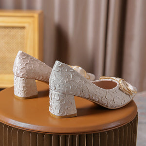 Thick heel pointed toe single shoes female 2022 new fairy girl bow 5CM high heels large size party shoes 368-3