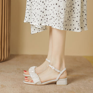 Sandals women's 2022 new summer mid-heel shoes fairy wind pleated thick heel sandals all-match shoes women's 1688-1