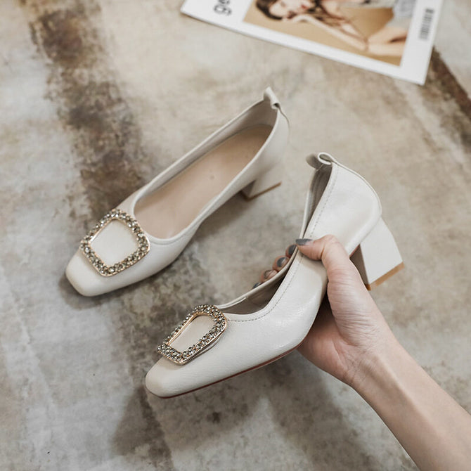 Square toe shoes women's 2022 new metal shoes casual soft shallow mouth women's thick heel Korean version 616-2