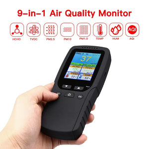 9 in 1 Air Quality Monitor Indoor Outdoor PM2.5, PM1.0, PM10, HCHO, TVOC Detector Meter Tester Temperature and Humidity Sensor