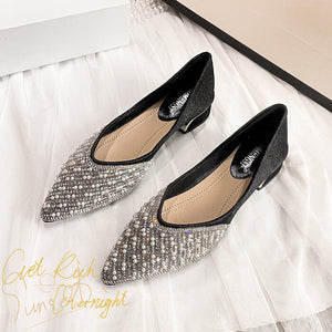 High heels all-match summer 2022 new women's shoes French sequins rhinestone pointed toe thick heel shoes large size women's shoes 43 M9