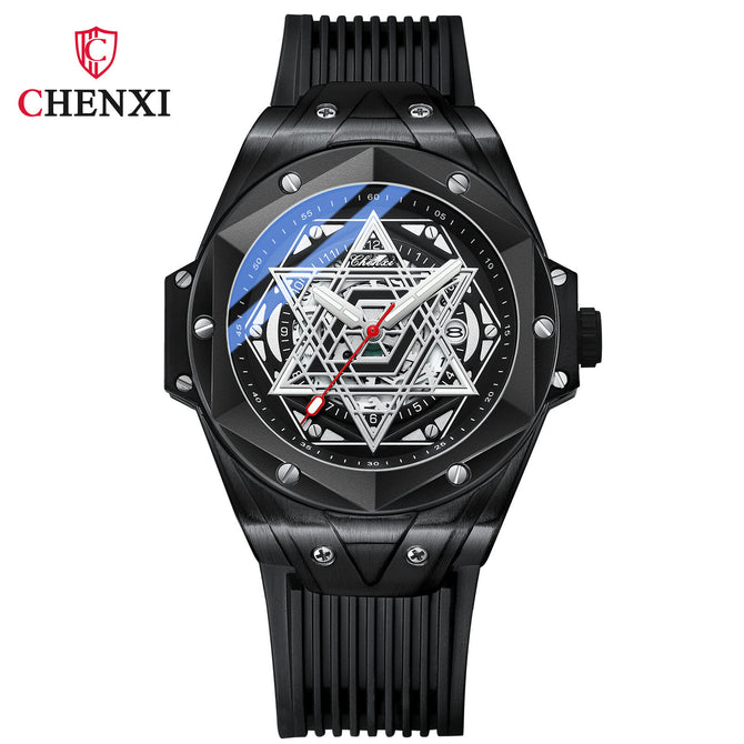 CHENXI Men's watch Geometric Cool Watch Calendar Silicone Luminous Waterproof Men's Quartz Wrist Watch CX-8252
