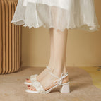 Chunky heel sandals women's 2022 summer new fairy wind bow pleated pearl word buckle high-heeled sandals women ZR1138-1