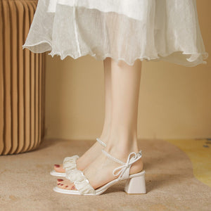 Chunky heel sandals women's 2022 summer new fairy wind bow pleated pearl word buckle high-heeled sandals women ZR1138-1