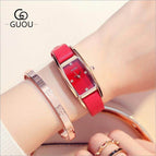 GUOU 8085 Watches Luxury Crystal women's watch Fashion Genuine Leather Ladies Watch Lady Hour Rectangle women casual watch Clock