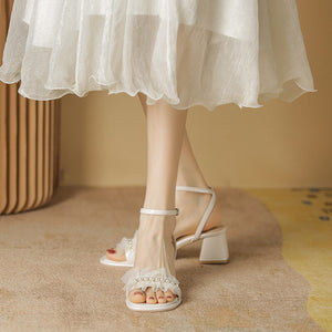 Sandals women's summer 2022 new thick heel sandals women's pleated lace pearl one word buckle high-heeled sandals lady ZR1138-2
