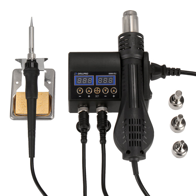 Drillpro 2 in 1 750W 220V/110V Soldering Station Hot Air Gun Heater LCD Digital Display Soldering Iron Welding Rework Station for Cell-phone BGA SMD PCB IC Repair