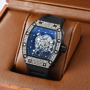 Watch for men Richard Trendy Fashion Hollowed-out Quartz Watch Diamond Silicone Electroplated Barrel-Shaped Men's and Women's Watch 9924