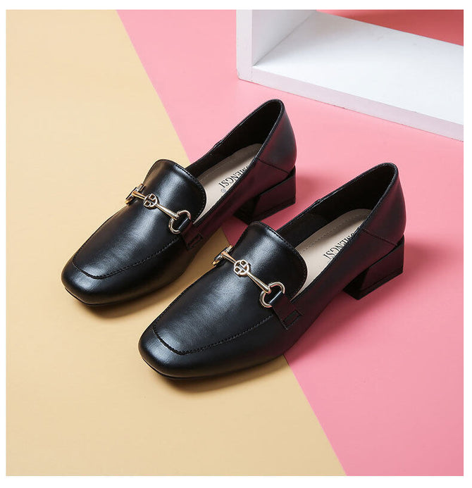 Leather shoes women's England 2022 new buckle high heels casual single shoes thick heels versatile large women's shoes 189-1