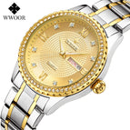 WWOOR 8856 Couple Watch Waterproof Luminous Watch Butterfly Snap Button Steel Strap Watch Strap Men's Diamond Gold Watch