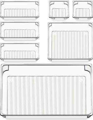 [Local Warehouse] 7 Pcs Drawer Organizers 4-Size Makeup Desk Drawer Organizer Plastic Bathroom Storage Bins Versatile Trays Vanity Dividers Container for Bedroom Dresser Kitchen Office