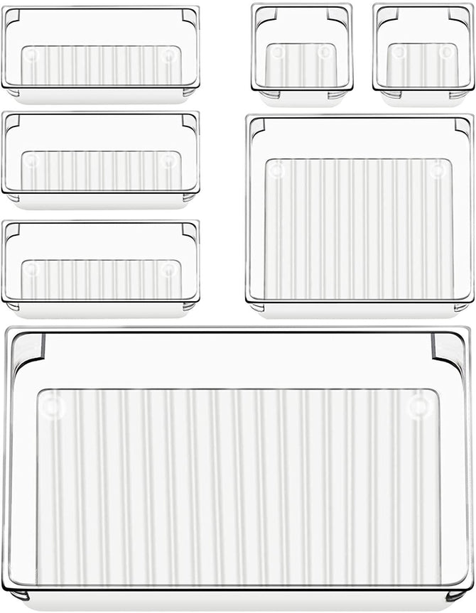[Local Warehouse] 7 Pcs Drawer Organizers 4-Size Makeup Desk Drawer Organizer Plastic Bathroom Storage Bins Versatile Trays Vanity Dividers Container for Bedroom Dresser Kitchen Office