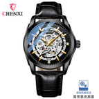 CHENXI new automatic mechanical watch men's leather strap hollow mechanical watch luminous waterproof watch CX-8821
