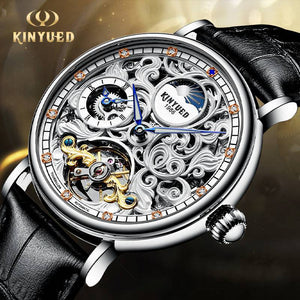 KINYUED New Dual Time Zone Skeleton Luminous Automatic Mechanical Watch Men's Fashion Business Belt Mechanical Watch J078