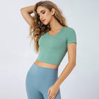 New summer fitness dress women tight sexy back yoga short sleeves with chest pad gym professional training top 8225