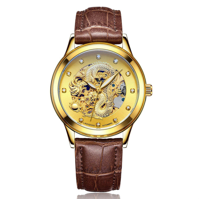 LAOGESHI dragon and phoenix couple watch mechanical hollow luminous leather watch automatic mechanical watch 3688