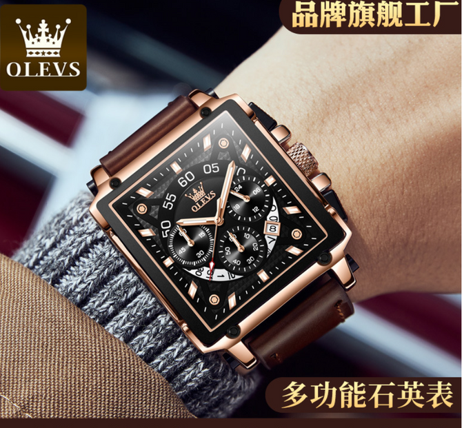 OLEVS Men's watch big dial square leather watch men students waterproof luminous quartz watch 9919wm