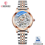 Chenxi new fashion luminous waterproof watch women's solid steel belt hollow automatic mechanical watch