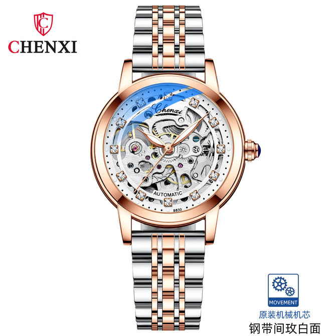 Chenxi new fashion luminous waterproof watch women's solid steel belt hollow automatic mechanical watch