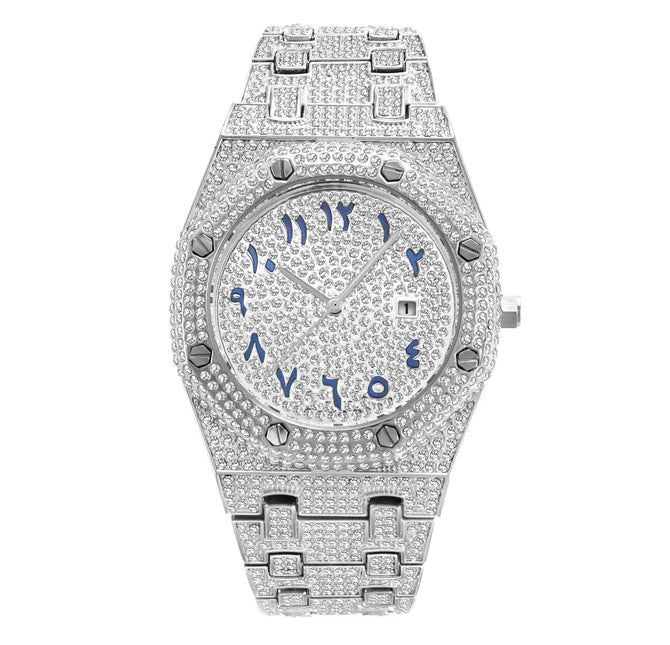 MISSFOX watch hip-hop high-end full diamond waterproof calendar men's watch V301 quartz watch