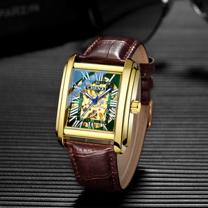 CHENXI Square Skeleton Automatic Mechanical Watch Men's fashion Leather Waterproof men's casual Watch CX-8816