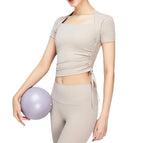 New Yoga Clothes T-shirt Side Drawstring Slimming Sports Top Fitness Clothes for Women yoga running outdoor clothing