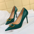 1932-7 ladies high heels wedding shoes bridesmaid shoes Korean fashion banquet high heels women's shoes stiletto high heels shallow mouth pointed metal buckle decoration daily wearable single shoes