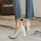 Thick heel shoes women's new fashion soft leather shallow mouth professional women's shoes square head small high heels B65-1
