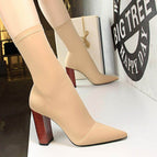 3129-3 Korean fashion short boots simple wood grain with thick heels elastic high heels Lycra sexy office shoes thin short boots