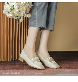 2022 shallow mouth shoes medium thick heel pleated female pearl soft all-match square toe thick heel shoes for women 1366-11