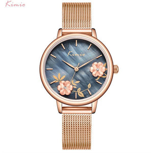 KIMIO 6381 Women Watches Stainless Steel Mesh Belt Quartz Watch Embossed Waterproof Casual embossed printed ladies watchBracelet WristWatch