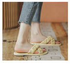 Slippers women's 2021 summer new pearl pleated cross flat bottom all-match outer wear soft bottom one word sandals and slippers AA3313-3A