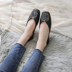 Square toe flat shoes 2022 new spring fairy style scoop shoes outer wear shallow mouth peas shoes 555-1