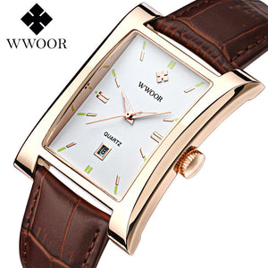WWOOR Men's watch Square Dial Leather Strap waterproof Quartz 8017 watch