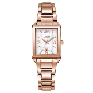 Megir women's watch light retro fashion Square Watch imported movement calendar steel band quartz lady  watch 1079