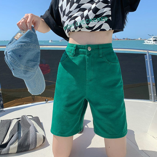 JEANS high-waist candy-colored denim five-point pants women's 2022 Korean version of high-waisted thin fresh casual pants 0567