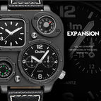 Oulm Men's quartz watch fashion watch compass large dial double time zone belt square watches for men