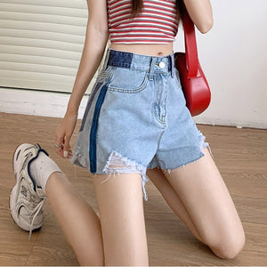 JEANS design sense jeans women's 2022 new contrast color a-line loose high-waisted slim shorts 383