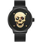 WWOOR Fashion Skull Men's Mesh Quartz Watch Black Solid Steel Creative Casual Watch 8867
