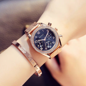 Guou 8103 steel band diamond women's watch fashion three eyes with calendar wind big dial quartz women's watch Girl Gift