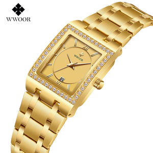 WWOOR Women's watch Waterproof Square SteelQuartz Watch Diamond Leisure Fashion Women's Watch 8858L
