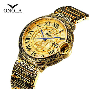 ONOLA ON3813 classic fashion retro men's large plate gold watch steel strap watch men's