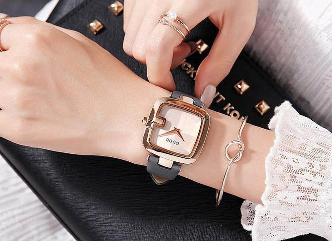 Fashion Guou 8190  Brand Luxury Simple Trendy Watch Women's Student Unique Hours Ladies Leather Wristwatch Female Square Dress Clock