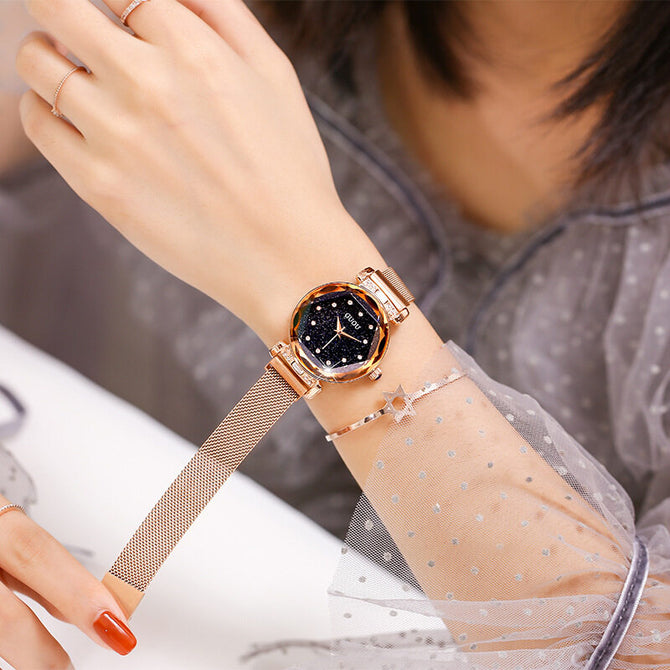 GUOU 6603 Sky Luxury Rose Mesh Steel Leather Quartz Analog Waterproof Watch Sky Stars Dial WristWatches Gifts for Women