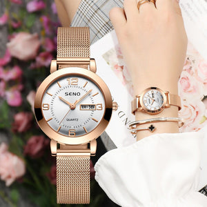 Korean Fashion Mesh Belt Fully Automatic Non Mechanical Women's Watch Luminous Waterproof Double Calendar Female Student Steel Band Watch for women